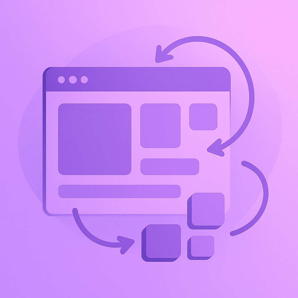 Illustration of a webpage layout with arrows indicating flow and interaction, set against a soft purple background.