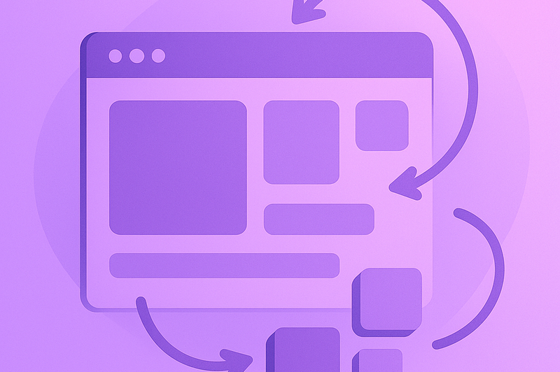 Illustration of a webpage layout with arrows indicating flow and interaction, set against a soft purple background.