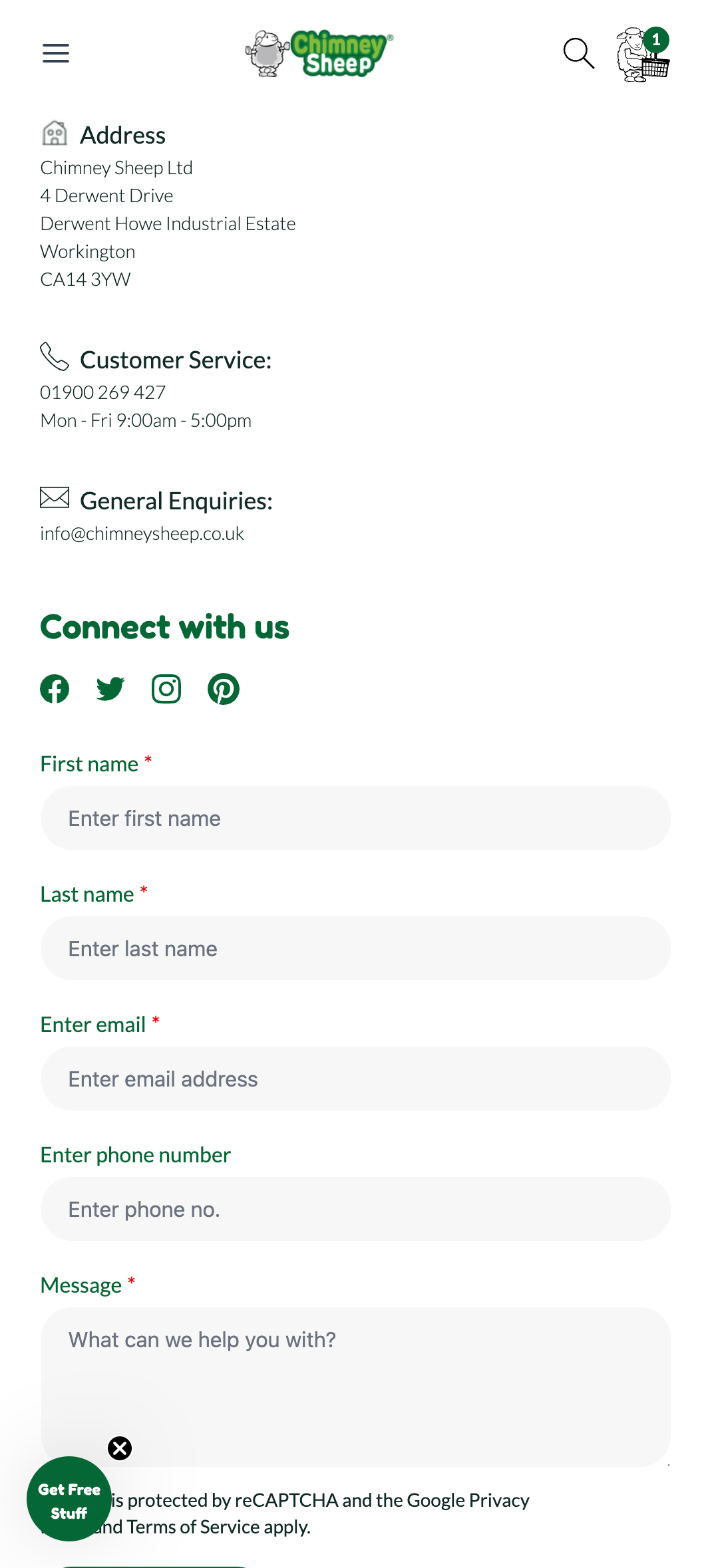 Contact form for Chimey Sheep Ltd with address, customer service hours, and contact details.