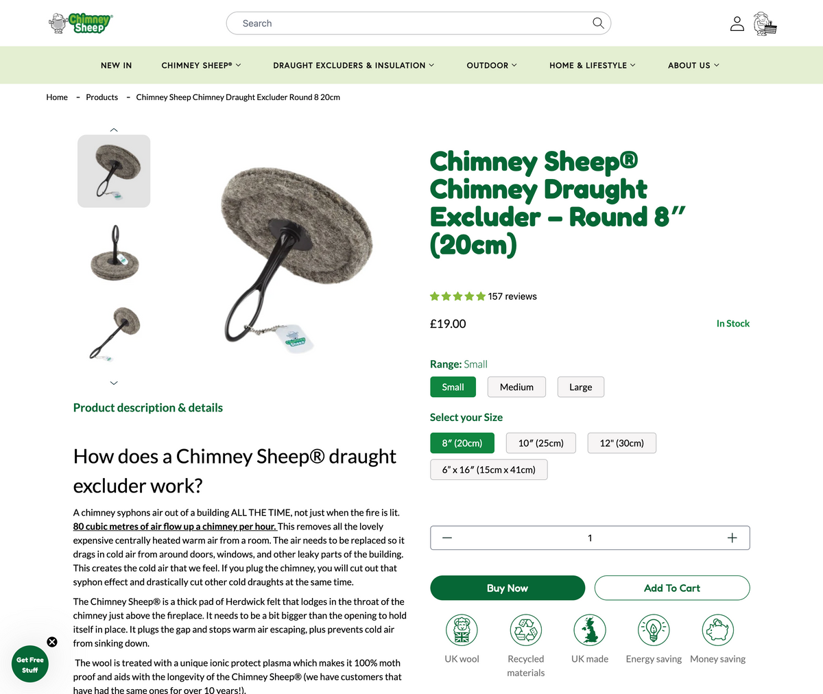 Product page for Chimney Sheep chimney draught excluder on a website