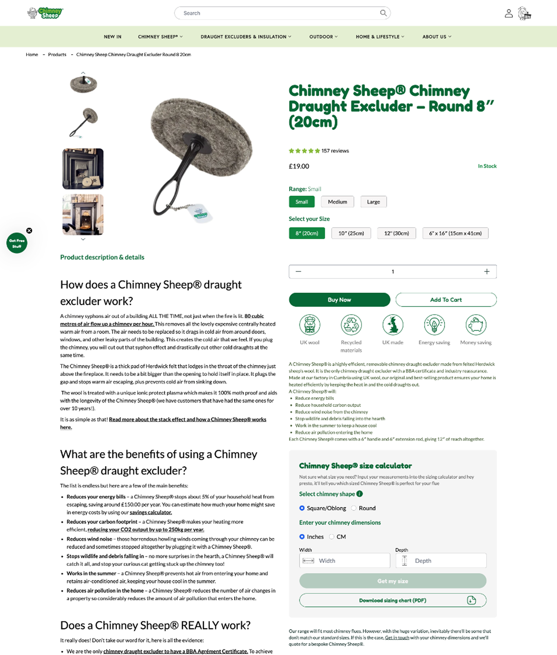 Product page for Chimney Sheep chimney draught excluder on a website with text and images.
