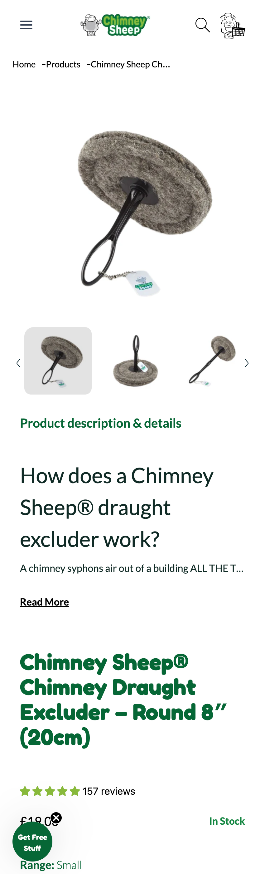 Product page for Chimney Sheep draft excluder on a website with images and text.