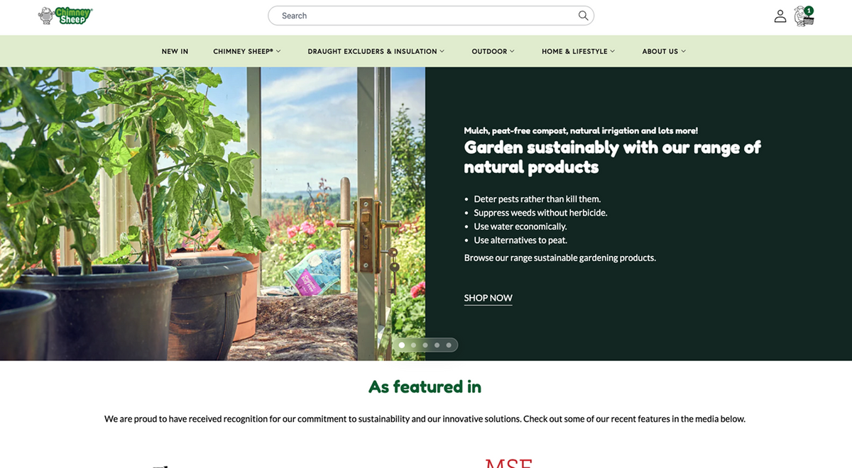 Website homepage for a gardening product company with a focus on sustainability.